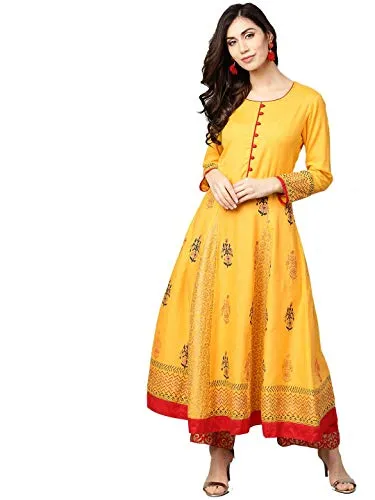 Hiral Designer Mall Women A-Line Long Tunic Top Cotton Kurti Party Wear Indian Dresses (X-Large-40, Yellow)