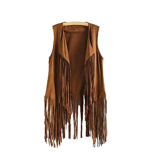 HIRIRI Women Fringe Vest Open Front Sleeveless Vest Cardigan Sleeveless Suede Ethnic Tassels Coat Outwear Khaki