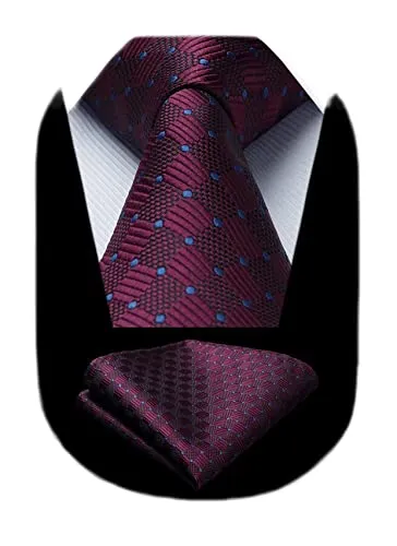 HISDERN Burgundy Blue Ties for Men Wedding Maroon Tie Pocket Square Set Wine Silk Plaid Polka Dot Neckties Handkerchief Formal Business Necktie