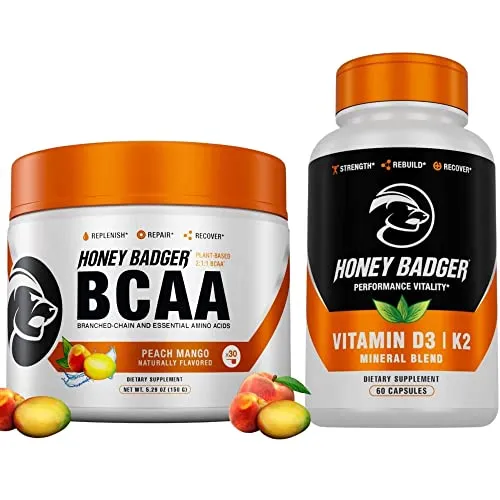 Honey Badger BCAA Amino Acids Powder & Vitality Vitalmin D3 Supplement | Vegan Keto Peach Mango BCAAs | Strength Recovery Healthier Lean Muscle| Electrolytes for Hydration & Post-Workout Recovery|