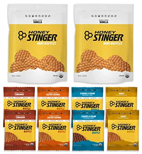 Honey Stinger Waffle Training Kit - Variety Pack with Sticker - 10 Count - Energy Source for Any Activity - Mini Waffles: 2 Vanilla - Organic Waffles: 2 Honey - Gluten Free Waffles: 2 GF Salted Carmel, 2 GF Cookies & Cream, 2 GF Cinnamon