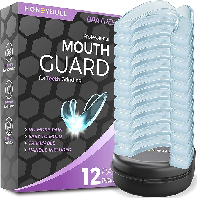 HONEYBULL Mouth Guard for Grinding Teeth [12 Pack - Thick] 1 Size for Heavy Grinding | Comfortable Custom Mouth Guard for Clenching Teeth at Night, Bruxism, Whitening Tray & Guardâ¦