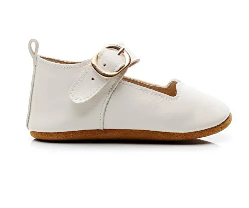 HONGTEYA Baby Mary Jane Moccasins Genuine Leather Buckle Baby Girls Shoes with Soft Sole (3-6 Months Infant, Beige)