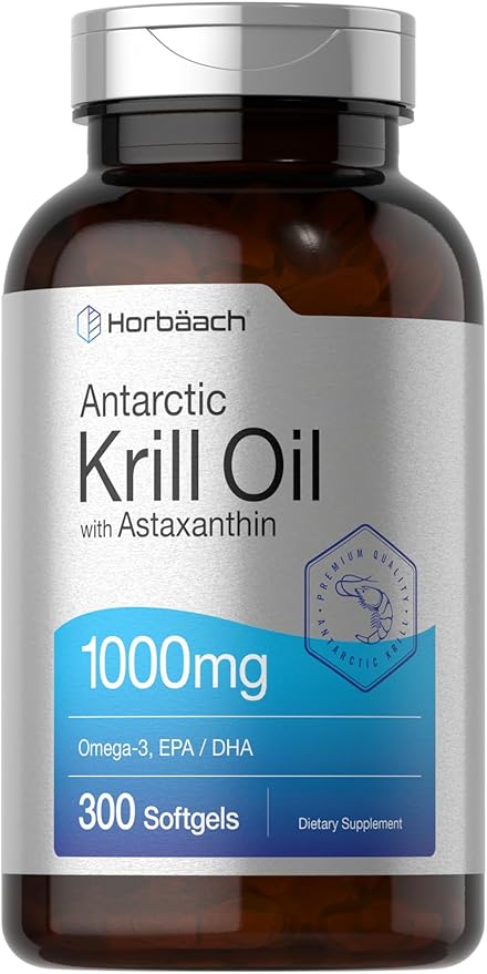 Horbaach Antarctic Krill Oil 1000mg Softgels | 300 Count | Omega 3 Supplements with Astaxanthin, EPA, DHA | Non-GMO, Gluten Free