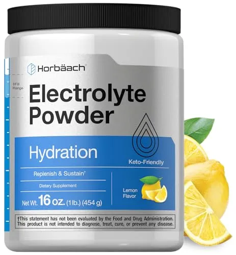 Horbaach Electrolytes Powder | 16 oz | 130 Servings | Hydration Supplement | Vegetarian | Keto-Friendly | Non-GMO, Gluten Free Formula | Lemon Flavor