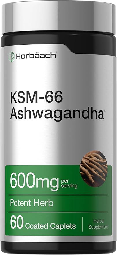 Horbaach KSM-66 Ashwagandha | with L-Theanine | 60 Coated Caplets | Vegan, Non-GMO, Gluten Free Complex Supplement