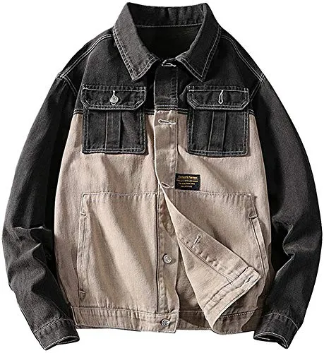 Hotmiss Men's Oversized Denim Jacket Hipster Patchwork Trucker Jacket Jean Coat (Black, Small)