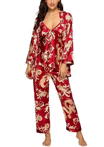 HOUSEPLANT Women's Floral Silk Satin Pajamas Set Sleepwear 3Pcs Nightwear Long Sleeve Pyjamas with Belt Wine Red M