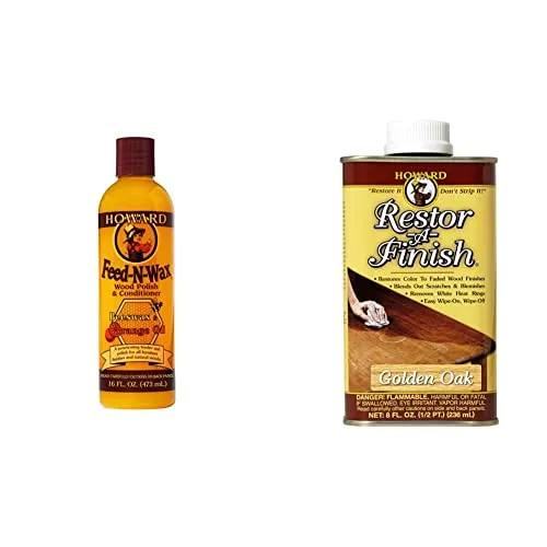 Howard Products FW0016 Wood Polish & Conditioner, 16 oz, orange, 16 Fl Oz and , Golden Oak Restor-A-Finish, 8 oz