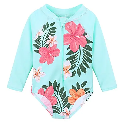 HUAANIUE Baby/Toddler Girl Swimsuit Rashguard Swimwear Long Sleeve One-Piece Aqua Flower 2-3 T