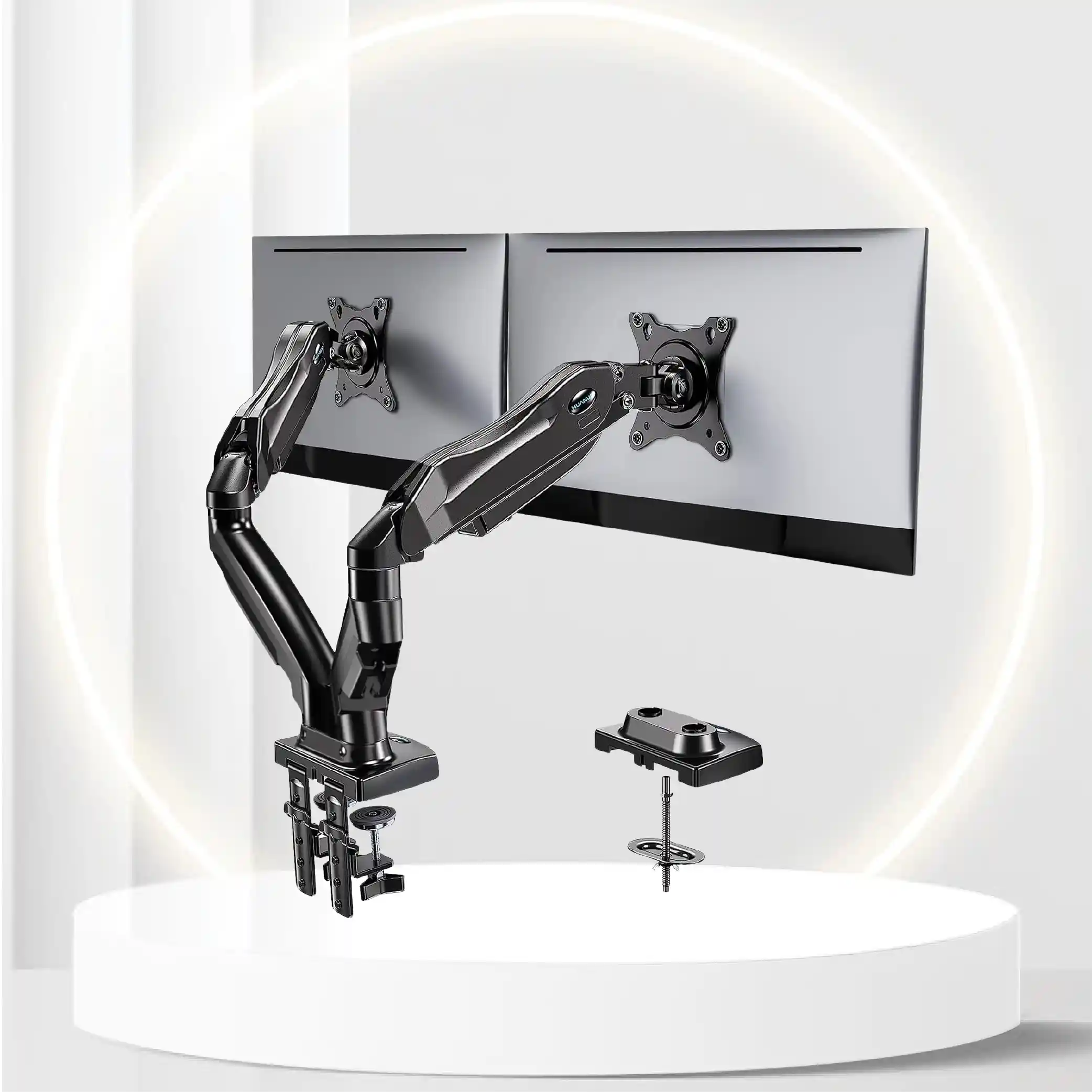 HUANUO Dual Monitor Stand - Adjustable Spring Monitor Desk Mount Swivel VESA Bracket with C Clamp, Grommet Mounting Base for 17 to 27 Inch Computer Screens - Each Arm Holds 4.4 to 14.3lbs