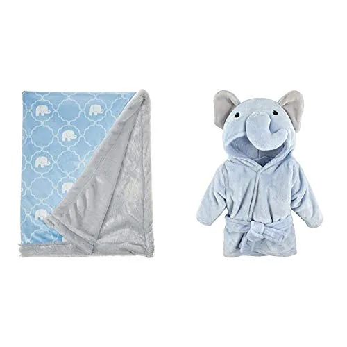 Hudson Baby Unisex Baby Plush Blanket with Furry Binding and Back, Elephant, One Size and Hudson Baby Unisex Baby Plush Animal Face Robe, Blue Elephant, One Size, 0-9 Months