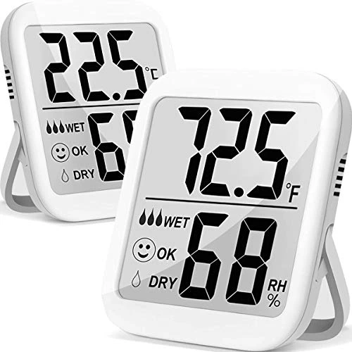 Humidity Gauge, 2 Pack Max Indoor Thermometer Hygrometer Humidity Meter Humidity and Temperature Monitor with Dual Sensors for Bed Room, Pet Reptile, Plant, Greenhouse, Basement, Humidor, Guitar