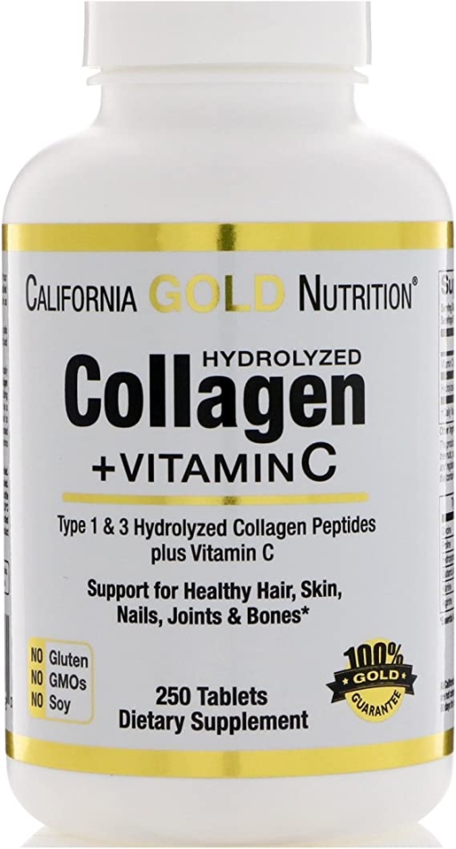 Hydrolyzed Collagen Peptides Tablets + Vitamin C, Type I & III, Support for Healthy Hair, Skin, Nail, Joints & Bones, Non-GMO, Gluten Free, 250 Tablets