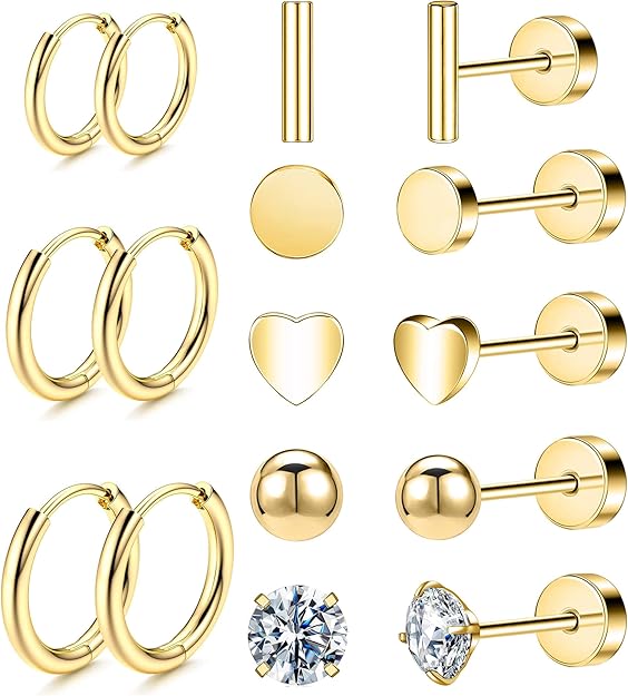 Hypoallergenic Titanium Earrings for Sensitive Ears 14K Gold Plated Opal Ball CZ Heart Flat Back Earrings for Women Men Small Surgical Steel Flatback Stud Hoop Cartilage Earring Set for Multiple Piercing