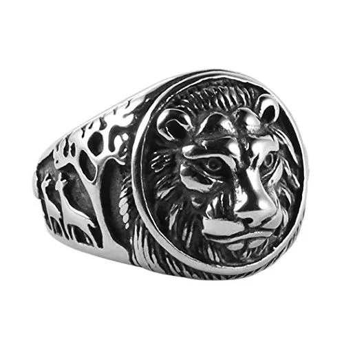 HZMAN Men's Vintage Stainless Steel Ring Lion Head Shield Biker Gold / Silver
