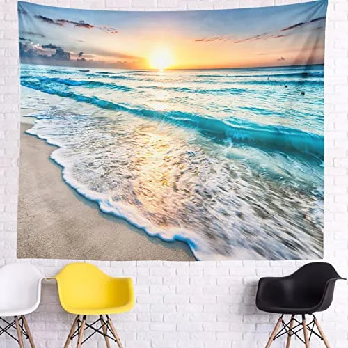 IcosaMro Beach Tapestry Wall Hanging, Ocean Sunset Sea Beach Wave Landscape Scenery Nature Wall Decorations Bohemian Home Decor for Bedroom, Dorm, College, Living Room, 51x60, Blue
