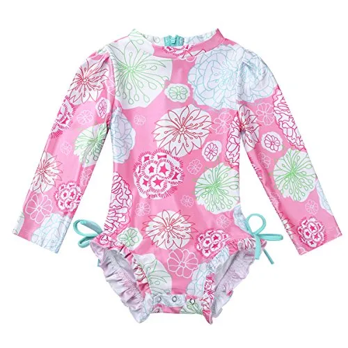 iEFiEL Baby/Toddler Girls Rash Guard Swimsuit Shirt Tops Long Sleeve Floral Sun Protection UPF 50+ Bodysuit Swimwear Pink Floral 0-3 Months