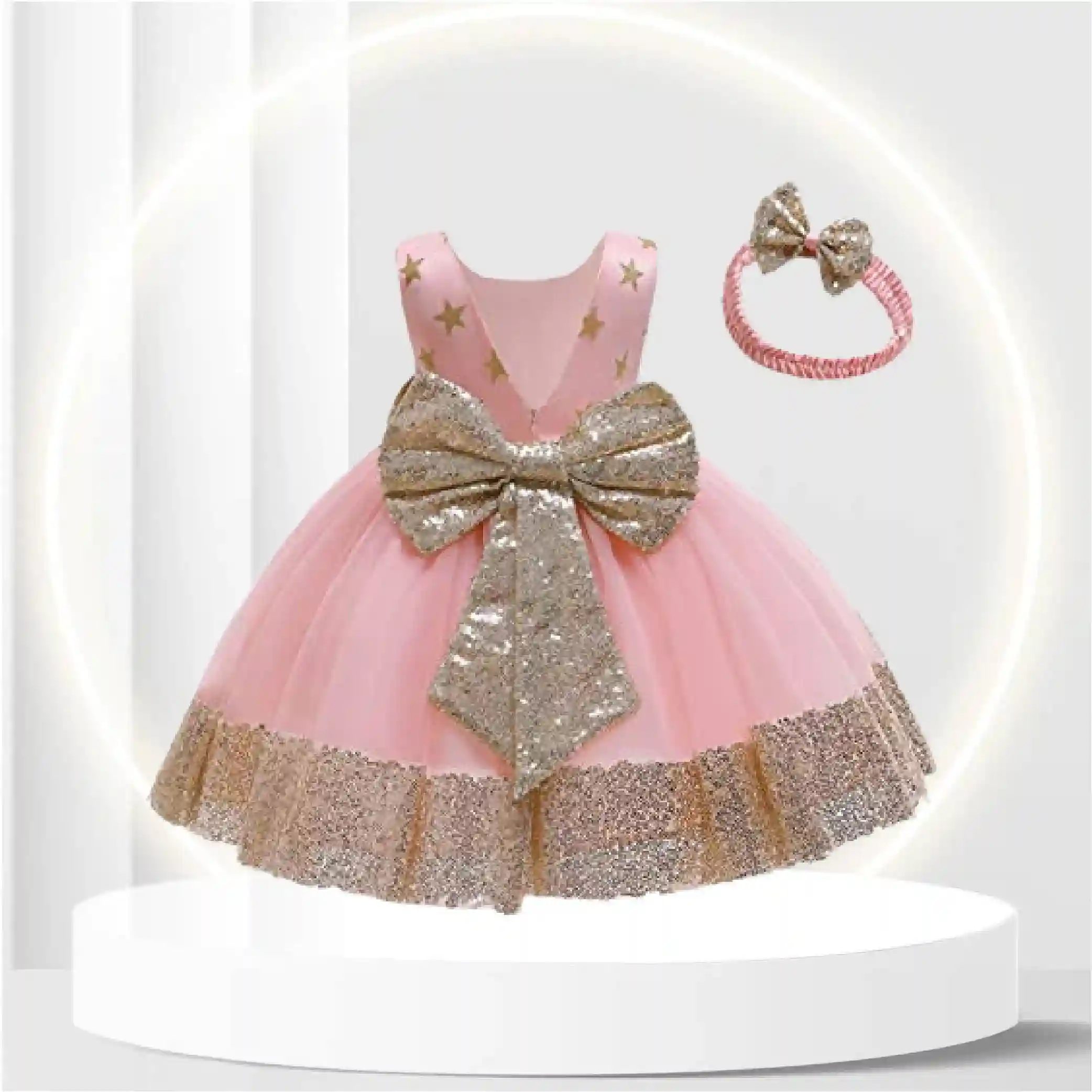 Infant Toddler Kids Wedding Party Dress Up Frocks Headband Star Sequins Flower Girls Dresses 3 6 8 12 Months Tutu for Baby Girl Ball Gowns Sleeveless Ruffle Bow Sequins Dress (Pink, 80)