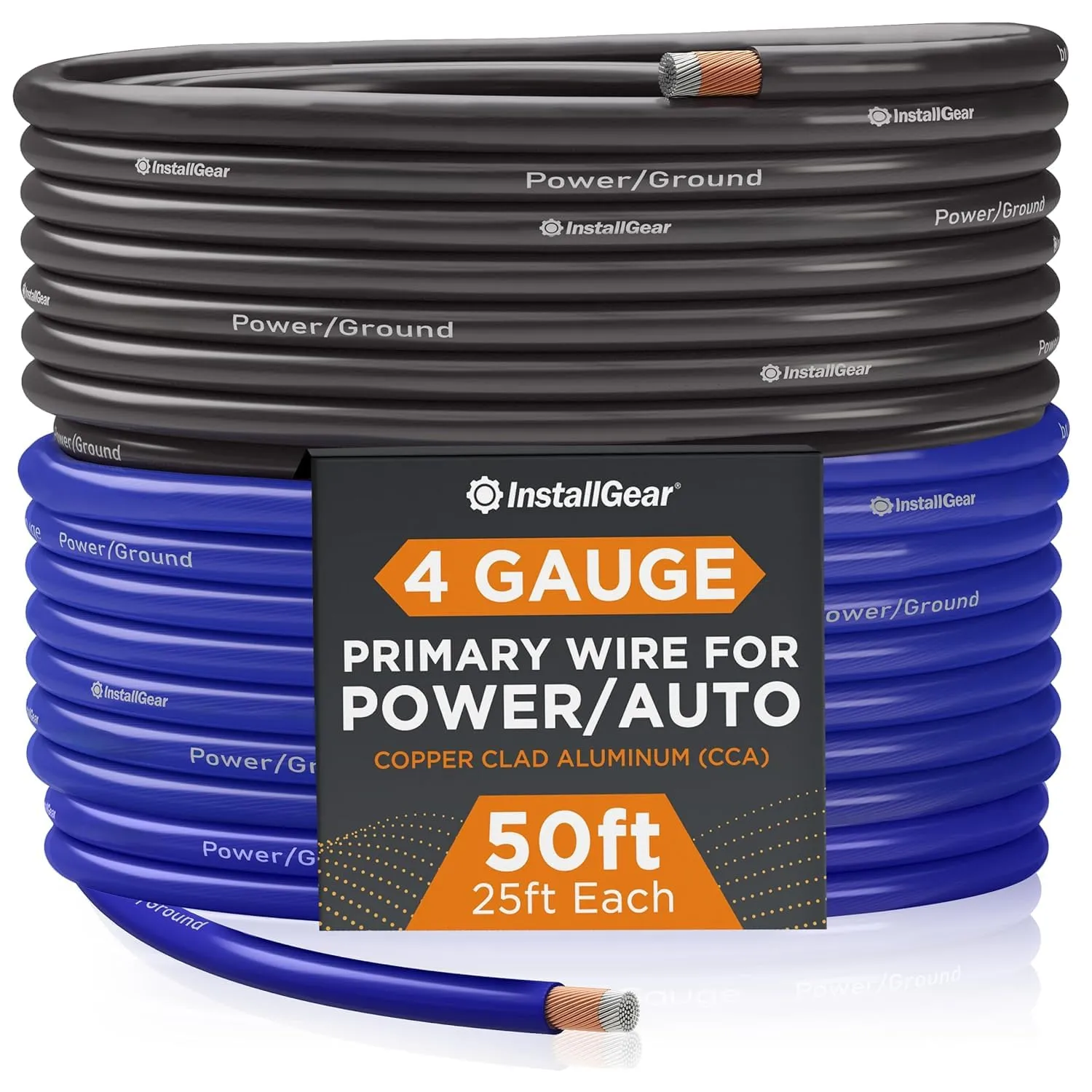 InstallGear 4 Gauge 25ft Blue and 25ft Black Power/Ground Wire True Spec and Soft Touch Cable