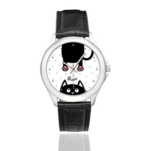 InterestPrint Funny Cat Meow and Paw Prints Waterproof Stainless Steel Classic Leather Strap Watch, Black