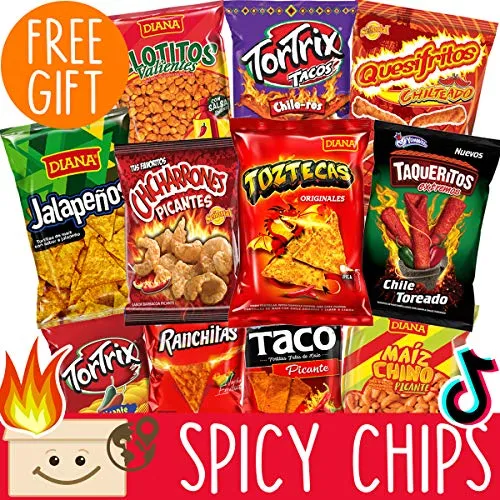 International Hot Chips Variety Pack + FREE Surprise! - Very Spicy Snacks Box Mix - Spicy Chips Variety Pack - Jalapeno Chips - Spicy Snacks Gift Box for Men - Munchies Flamin Hot Food - Exotic Stuff
