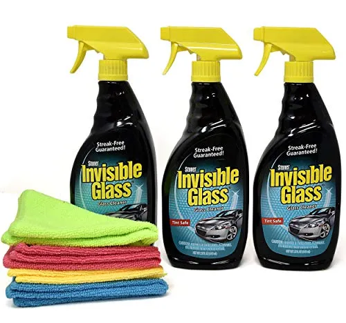 Invisible Glass Cleaner and Window Spray, Streak Free Shine for Auto, Film Free Glass Cleaner Safe for Windshield, Tinted and Non Tinted Windows-3 Pack, and 4 UBEN Microfiber 12x12 Cleaning Cloths