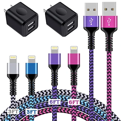 iPhone Charger[4+2Pack], USB Cable Fast Charging Braided Multi Color Long Cord with Dual Port USB Plug Wall Charger Adapter for iPhone 14 13 12 Pro Max/SE/11 Pro Max/XS/XR/X/8/7 Plus/6s/6, iPad Air