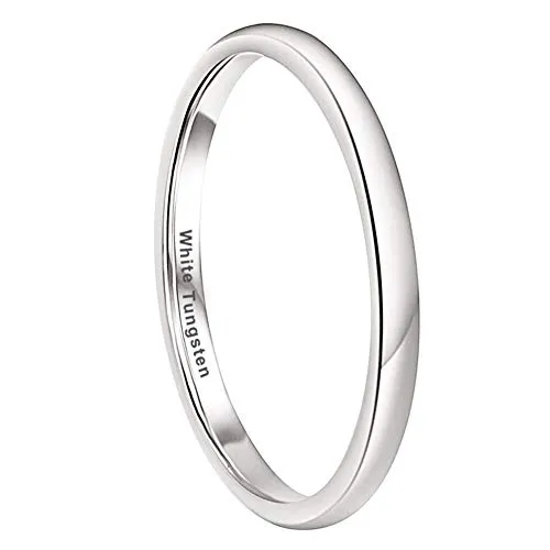 iTungsten 2mm Stackable White Tungsten Wedding Bands Engagement Rings for Women Men Domed Polished Shiny Comfort Fit