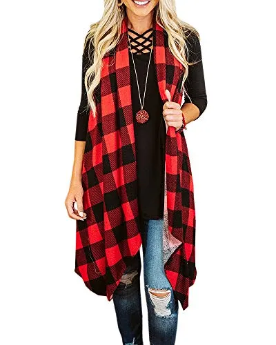 Ivay Womens Plaid Open Front Cardigan Sleeveless Drape Lightweight Vest Coat with Pockets Red