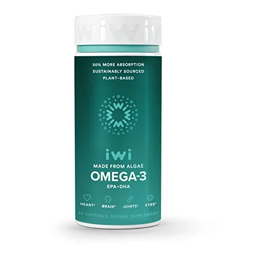 iwi Omega 3 Supports a Healthy Heart, Brain Development, Strong Bones & Joints and Eye Health| Vegan Algae Omega 3, 6, 7, 9 and EPA + DHA | Non-GMO, Gluten Free, Kosher | 30 Day Supply