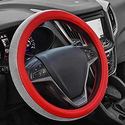 ixiton New Diamond Leather Steering Wheel Cover,Bling Bling Crystal Rhinestones Steering Wheel Cover Universal Fit 15