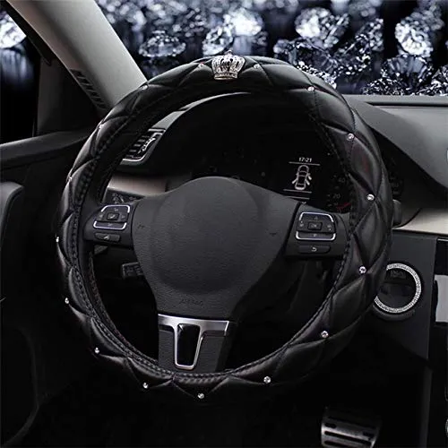 ixiton New Diamond+Leather Steering Wheel Cover,Bling Crystal Rhinestones Steering Wheel Cover Universal Fit 15