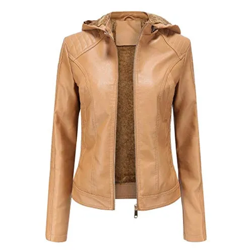 iYYVV Winter Warm Women Short Coat Leather Jacket Zipper Tops Overcoat Hoodie Outwear Brown