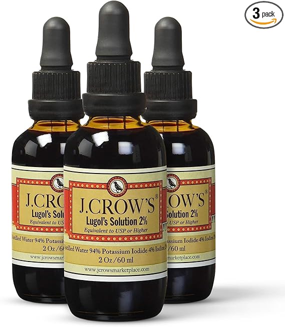 J.CROW'SÂ® Lugol's Solution of Iodine 2% 2 oz (3 Bottles)  Premium Potassium Iodide Liquid, Supports Thyroid & Energy, Gluten &, Alcohol-Free Natural Brine Extract, No Expiration
