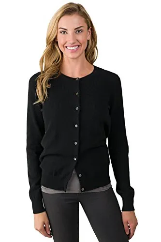 JENNIE LIU Women's 100% Cashmere Button Front Long Sleeve Crewneck Cardigan Sweater (XL, Black)