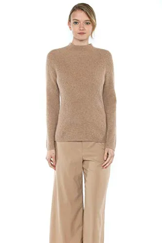 JENNIE LIU Women's 100% Pure Cashmere Long Sleeve Chuncky Rib Funnel Neck Sweater(L, Camel)