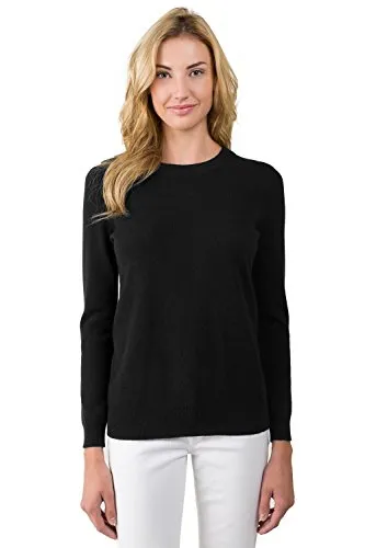 JENNIE LIU Women's 100% Pure Cashmere Long Sleeve Crew Neck Sweater(S, Black)