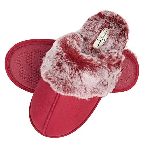 Jessica Simpson Women's Comfy Faux Fur House Slipper Scuff Memory Foam Slip on Anti-skid Sole, Burgundy, Large