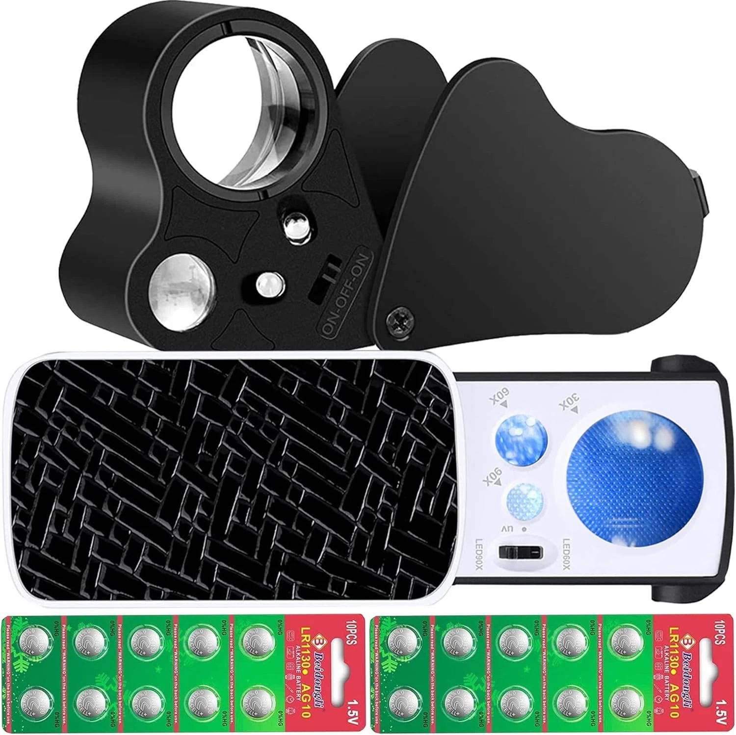 Jewelers Loupe, 2 Pack Magnifying Glass with Light, 30X 60X 90X Black