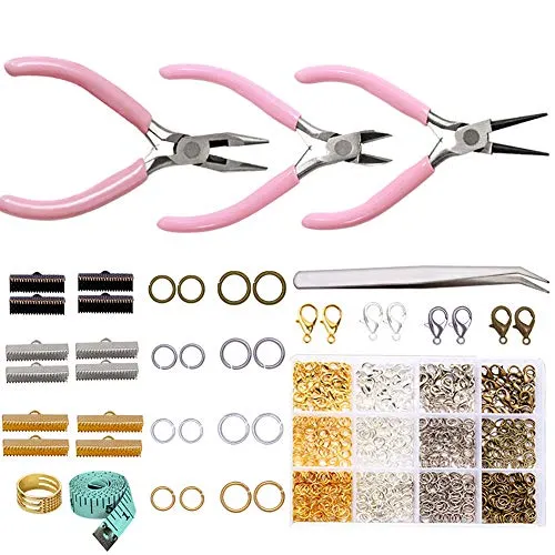 Jewelry Making Repair Kit with Jewelry Jump Rings Lobster Clasps 3 Pieces Jewelry Pliers Soft Tape Measure Brass Jump Ring Opener Jewelry Making Tools and Supplies for Necklace Jewelry Making