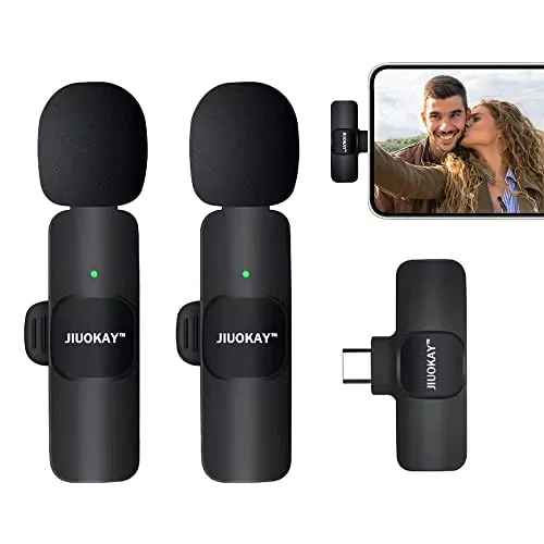 JIUOKAY 2 Pack Wireless Lavalier Microphone for Samsung Galaxy Tab USB C Phones for Recording Interview Podcast Vlog Zoom Facebook TikTok