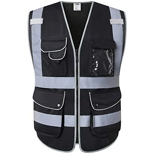 JKSafety 9 Multi-Functional Pockets Zipper Front Safety Vest With Reflective Strips Meet ANSI/ISEA Standards (Black, Large)