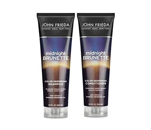 John Frieda Midnight Brunette Color Deepening Shampoo and Conditioner Set, for Natural and Color Treated Hair, 8.3 Ounce, with Evening Primrose Oil - Packaging May Vary