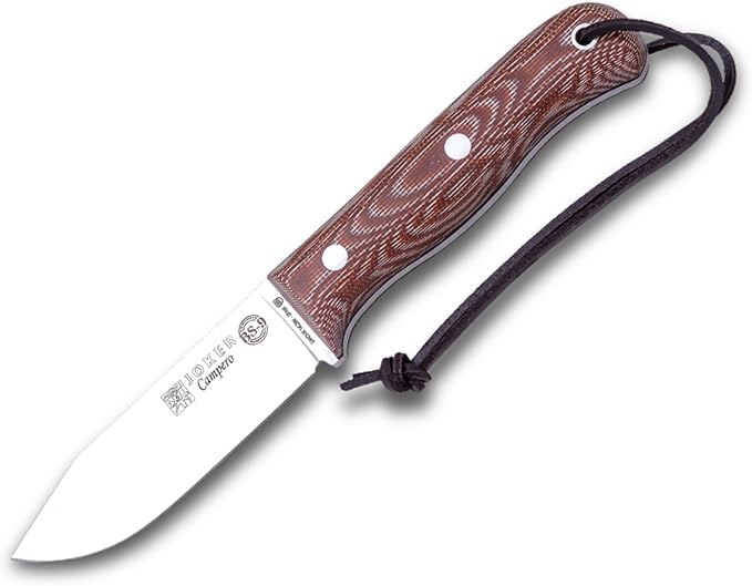 Joker BS9 Campero CM112 Bushcraft Knife, 4.13 in Sandvik 14C28N Fixed Blade, Canvas Micarta Handle, Brown Leather Sheath, Camp Craft Knife for Camping, Hiking, Hunting and Survival