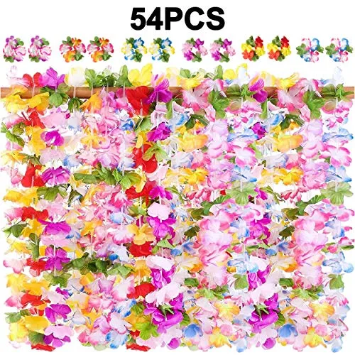 jollylife 54PCS Hawaiian Luau Leis Necklaces Wristbands Tropical Hibiscus Flowers Tiki Summer Pool Party Favors Supplies Decorations