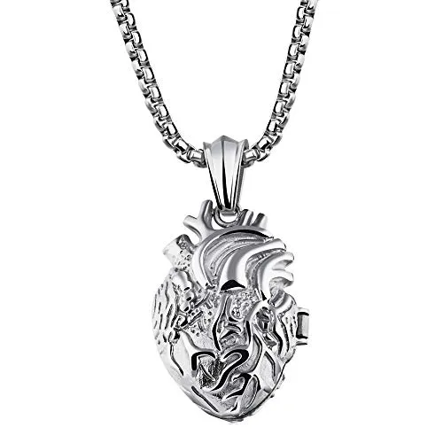 jonline24h Stainless Steel Anatomical Organ Heart Pendant Necklace for Mens Womens 22-24inch Chain (Small Silver)