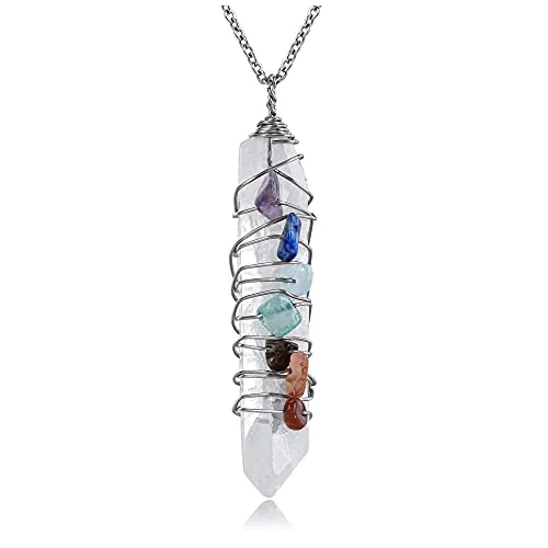 Jovivi Natural Clear Quartz Crystal Necklace Pendant Wire Wrapped Irregular 7 Chakra Tumbled Gemstone Healing Stones Pointed Necklace Crystal Jewelry for Men Women