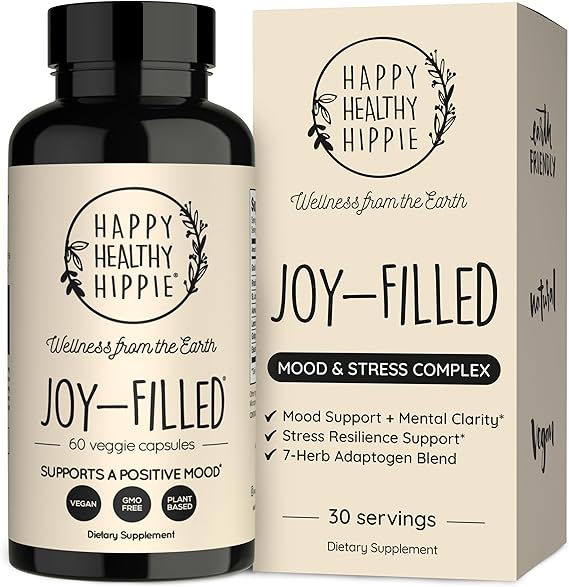 Joy-Filled Mood Support Supplement - 7 Herb Complex + St. Johns Wort | Stress Relief  Helps Calm The Mind & Body | 100% Plant-Based Happy Pills, Ashwagandha, Rhodiola Rosea | Adaptogens, 60 Ct