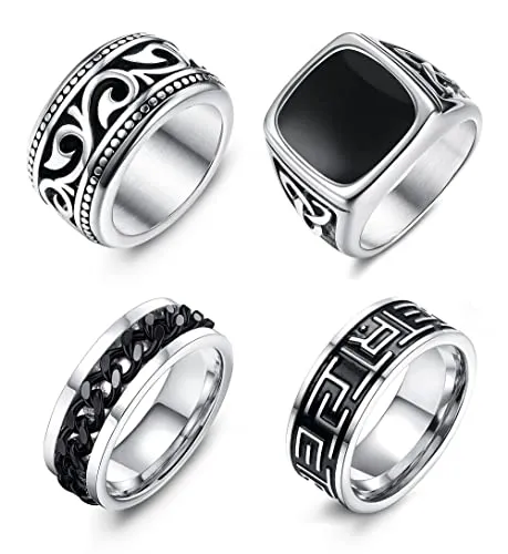 Jstyle 4Pcs Stainless Steel Signet Biker Rings Set Cuban Chain Spinner Ring Silver Gold Vintage Celtic Knot Band Rings Beveled Polished Edge Comfort Fit Father's Day Gift Silver Size 13